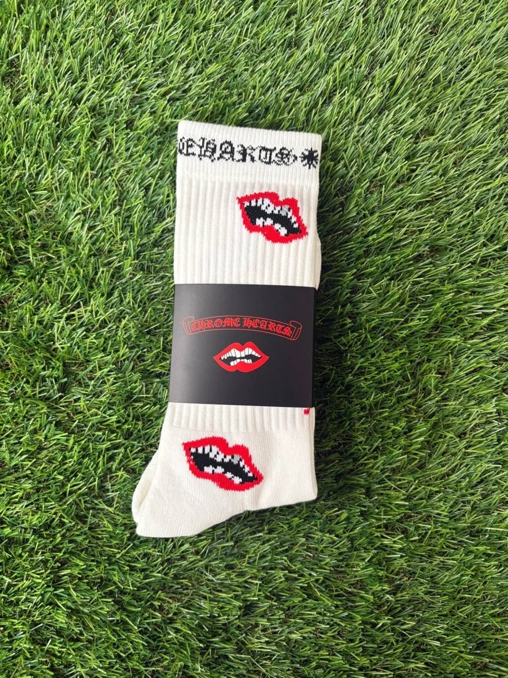 Chrome Hearts Cream Crew Socks with Red Lip Motif